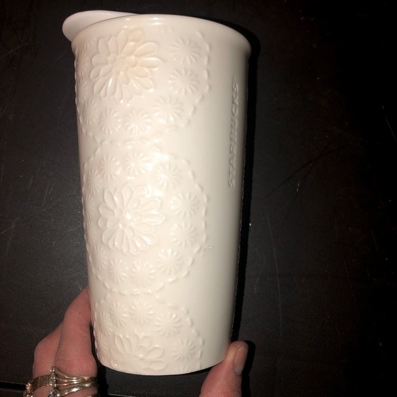 starbucks White Floral Bridal Lace Embossed Double Wall Ceramic Tumbler 10 oz - Picture 2 of 10